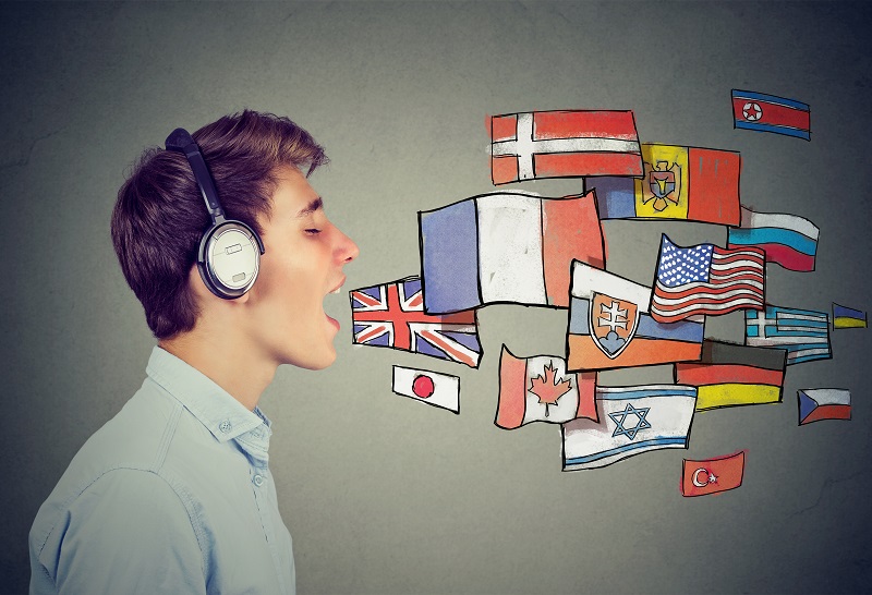 Person speaking multiple languages represented by flags